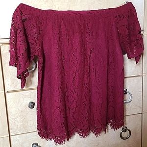 Maroon, lace off the shoulder dress